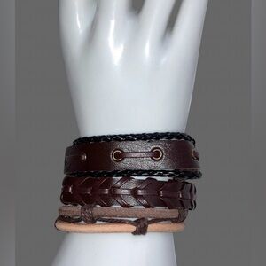 3 Pc Unisex Braided Weaved Faux Leather Layered Stack Bracelet Multi Color NWOT